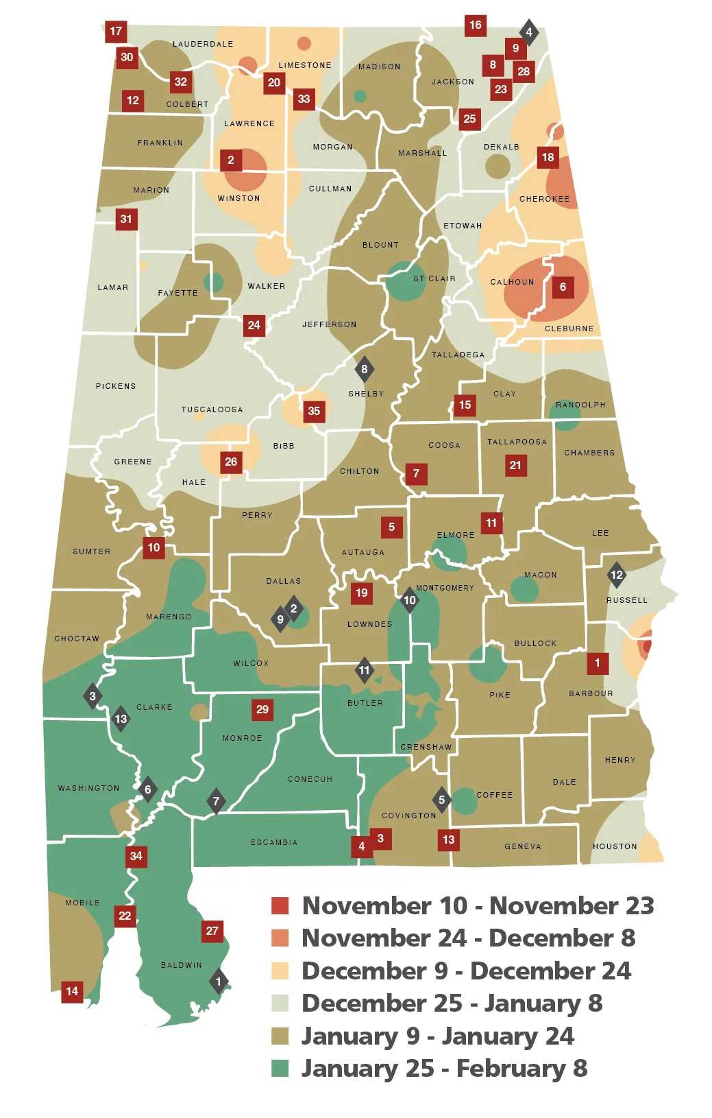 Map of Alabama shaded by peak rut dates in six bands, from November 10 to 23 in a few northern pockets to January 25 to February 8 in the southwest, with most of the Black Belt, central Alabama and the Wiregrass at January 9 to 24.