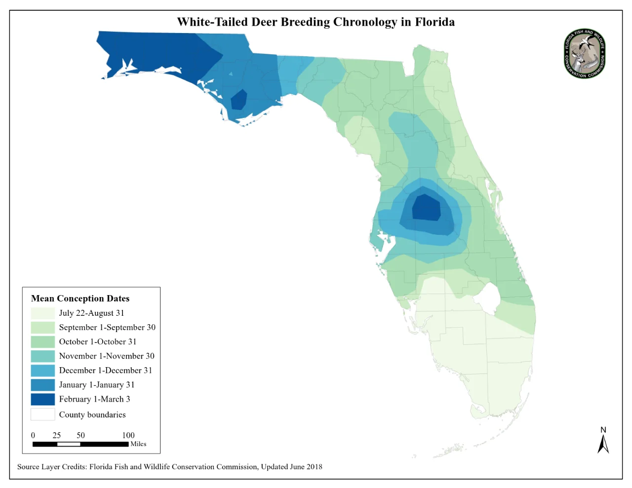 Map of Florida shaded by mean deer conception date in seven bands, from July 22 to August 31 across south Florida, through September to November over most of the north and central peninsula, to February 1 to March 3 at the core of inland central Florida and in the western panhandle.