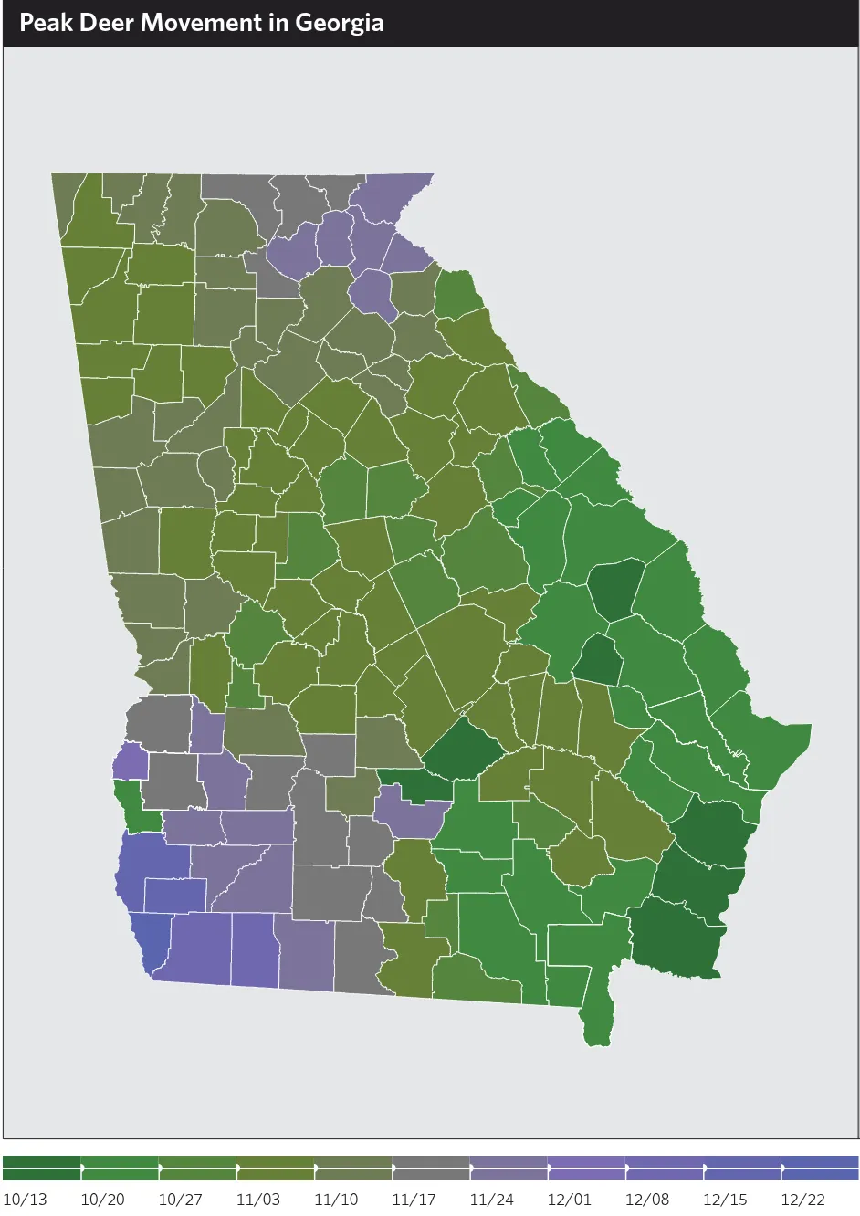 Map of Georgia counties shaded by their week of peak deer movement, from October 13 on the southeast coast to late December in the far southwest, with most of the Piedmont in early to mid November.