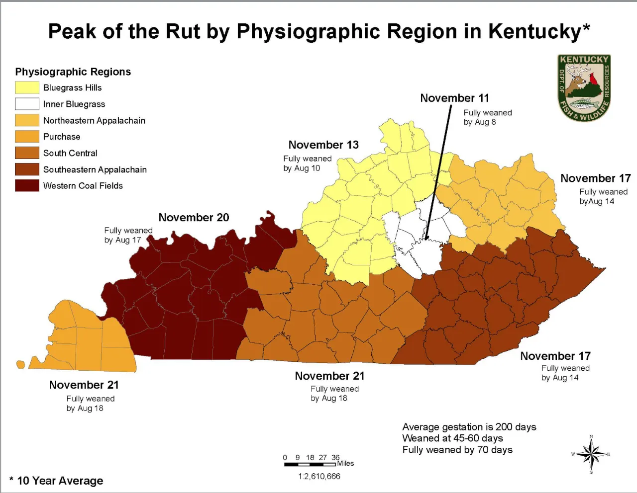Map of Kentucky physiographic regions with the peak of the rut in each: November 11 in the Inner Bluegrass, November 13 in the Bluegrass Hills, November 17 in the northeastern and southeastern Appalachians, November 20 in the Western Coal Fields and November 21 in the Purchase and South Central.