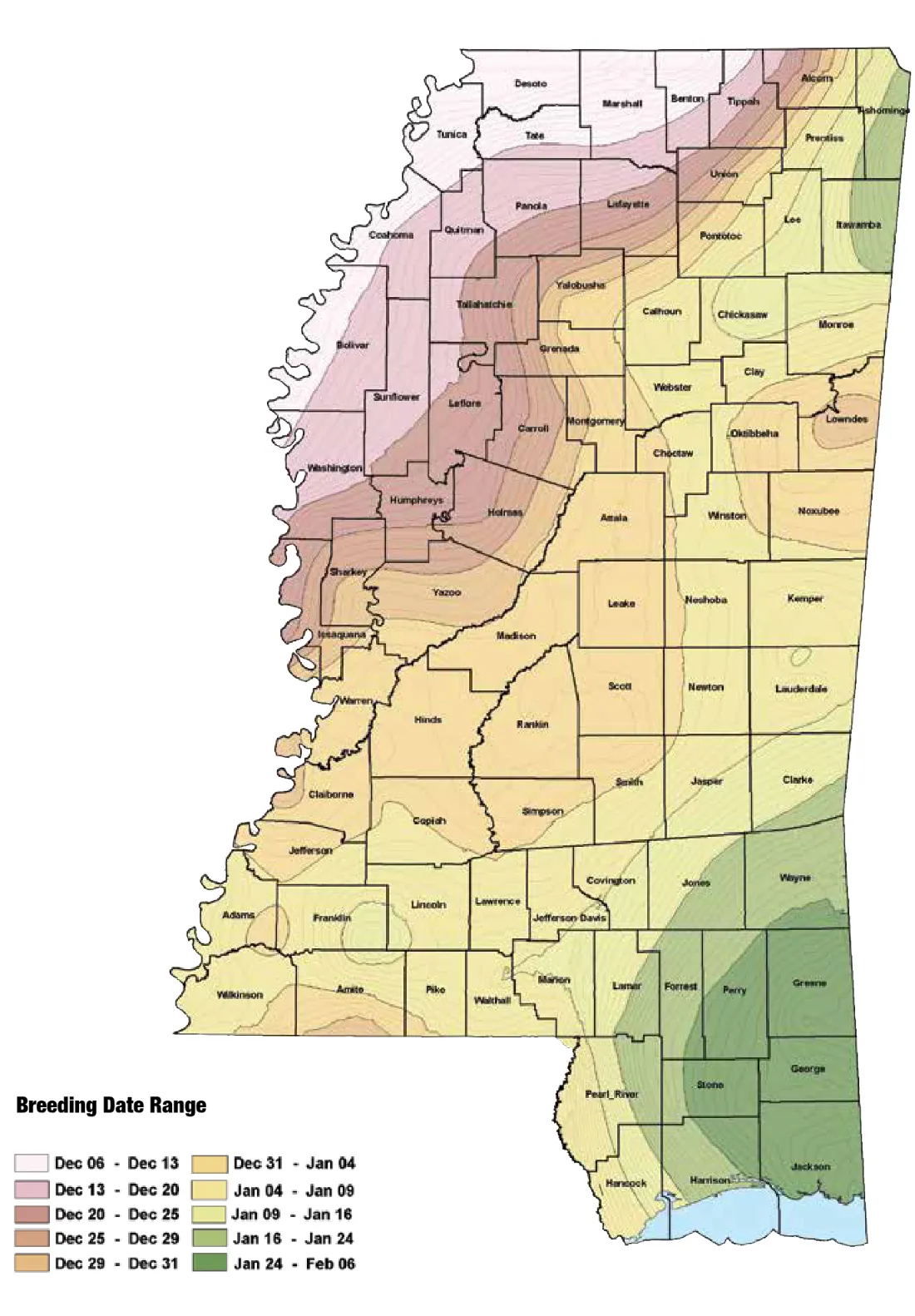 Map of Mississippi shaded in ten breeding date bands, from December 6 to 13 in the northwest corner to January 24 to February 6 in the southeast and on the coast.